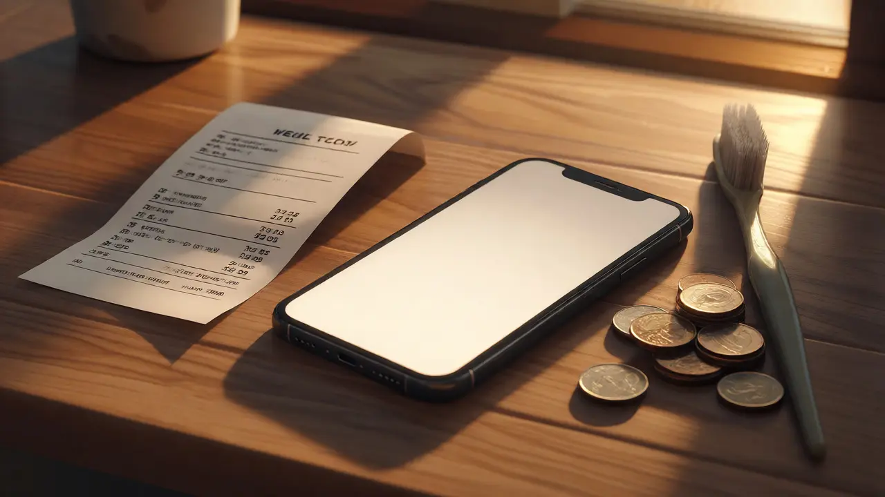 Mobilní telefon vedle účtu za zubní péči na stole