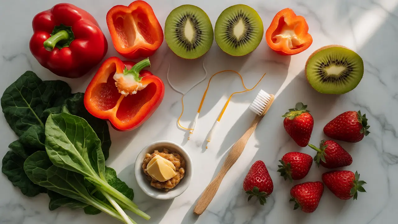 Plochá kompozice potravin bohatých na vitamín C a K2, jako jsou papriky, kiwi a listová zelenina.