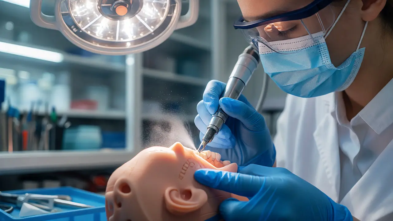 Praktický nácvik čištění zubů na fantomu v laboratoři.