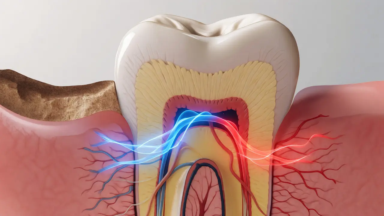 Řez zubem ukazující opotřebovanou sklovinu a odhalený dentin s nervovými kanálky.