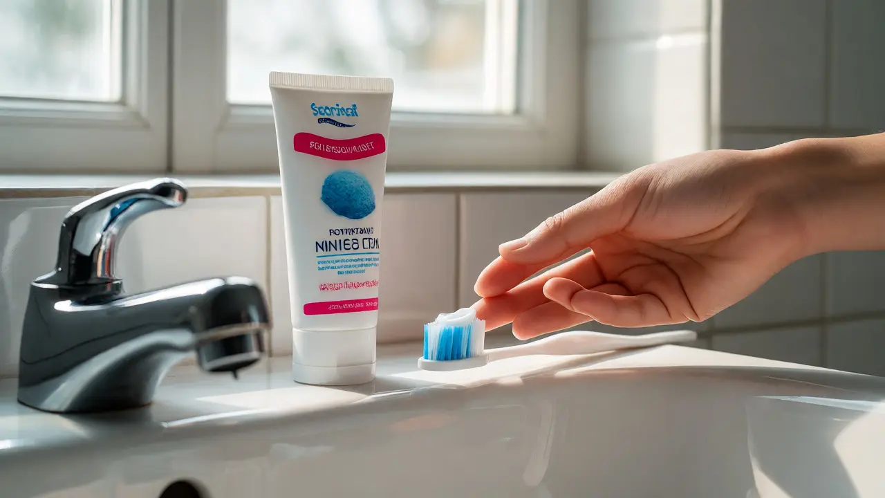 Ruka nanášející speciální pastu na měkký kartáček v koupelně pro prevenci citlivosti.