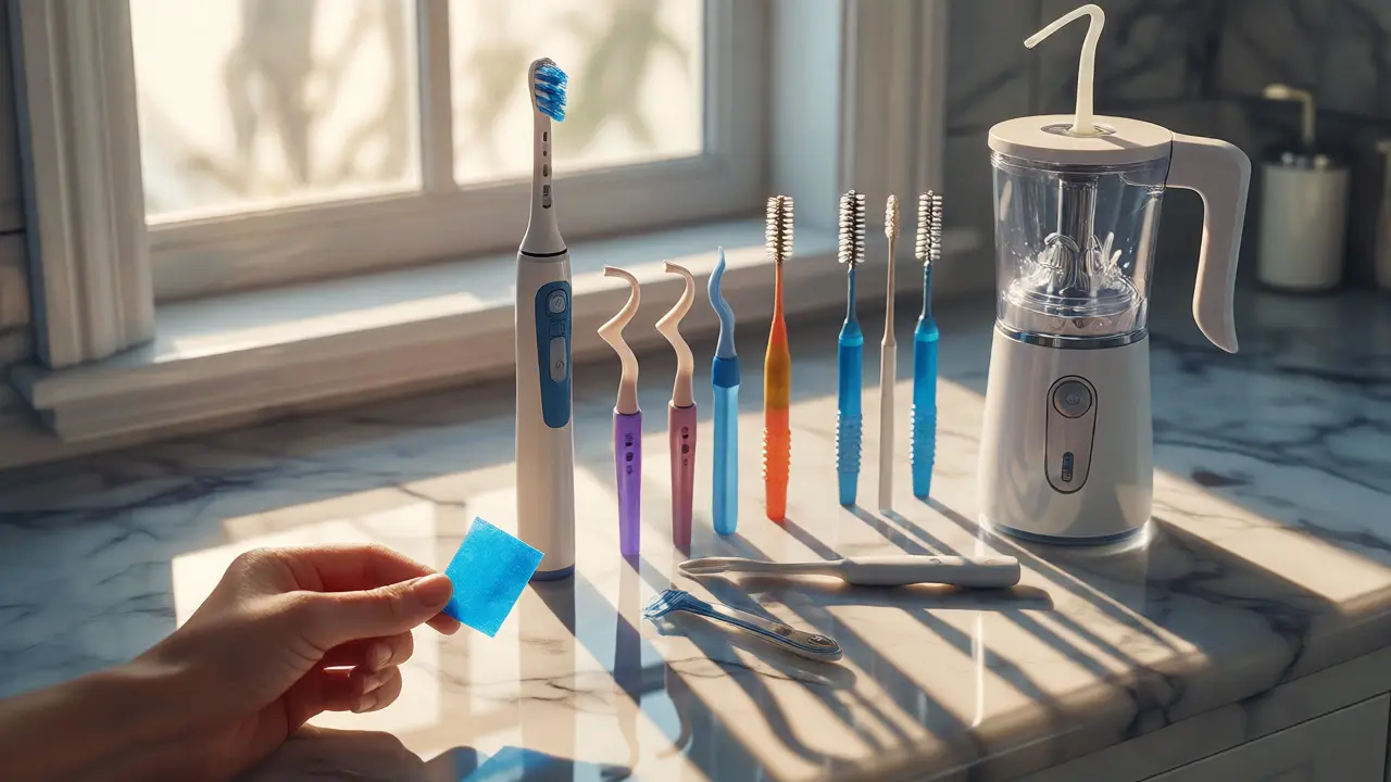 Sada nástrojů pro dentální hygienu na koupelnové poličce